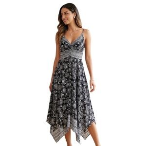 Angie Floral Paisley Handkerchief Hem Midi Dress Smocked Back Size Medium NEW